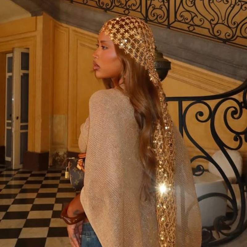 Hair Net Invisible - Boho Sequin Mesh Headscarf Gold Black